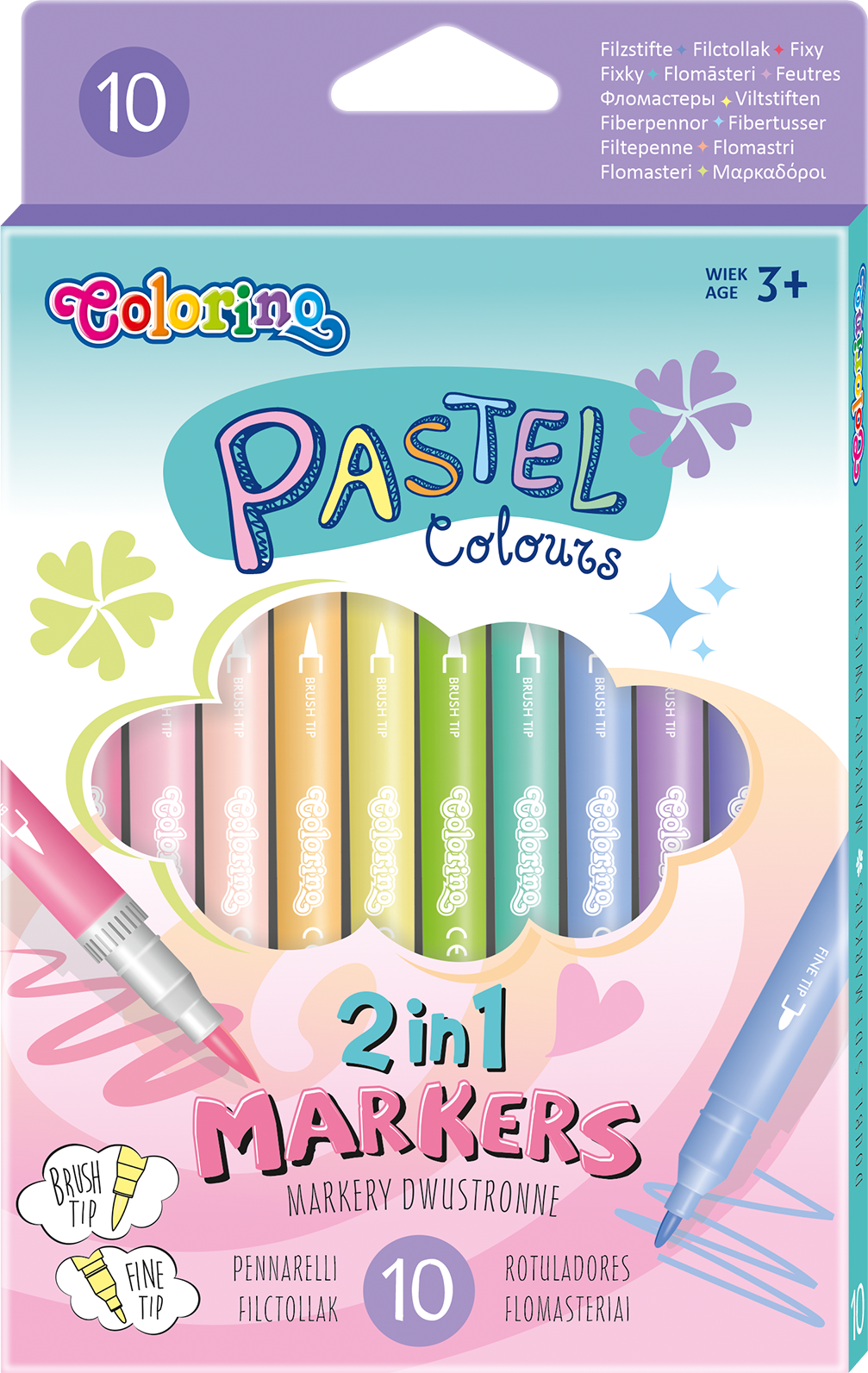 Levně Colorino oboustranné fixy Pastel, štětcový a tenký hrot, 10 barev