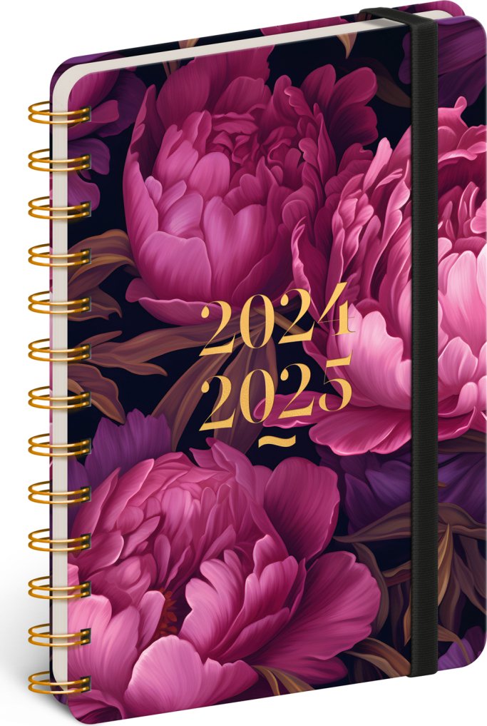 Levně Spirálový 18měsíční diář Petito – Fialové květy 2024/2025, 13 × 18 cm