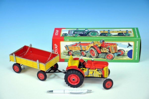 Levně Traktor Zetor s valníkem červený na klíček kov 28cm Kovap v krabičce
