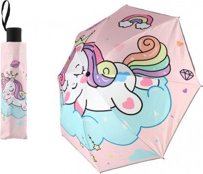 Levně Deštník Jednorožec skládací látka/kov 25cm růžový v sáčku