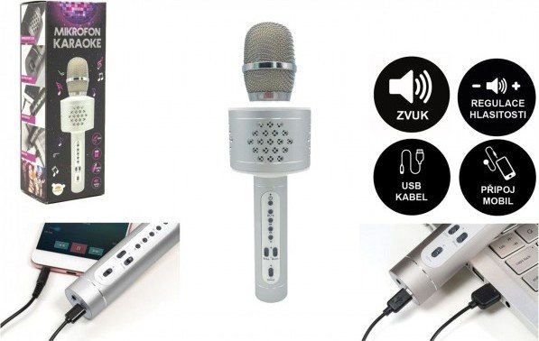 Levně Mikrofon karaoke Bluetooth stříbrný na baterie s USB kabelem v krabici 10x28x8,5cm