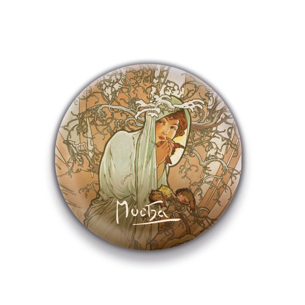 Levně Magnet Alfons Mucha – Zima, kulatý, 5 cm