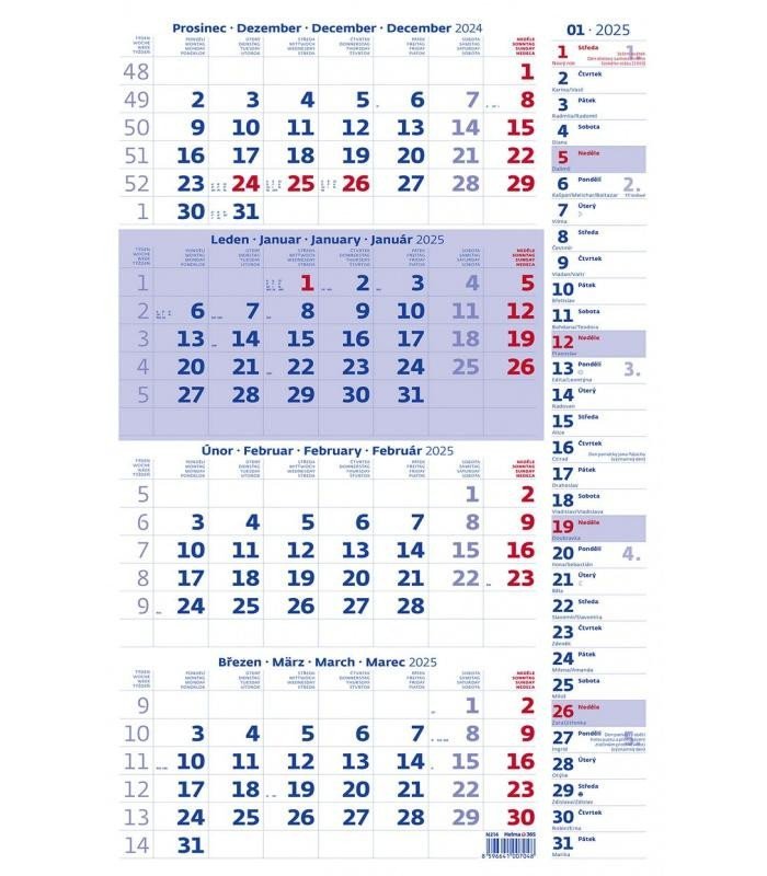 Kalendář nástěnný 2025 - Čtyřměsíční modrý s poznámkami