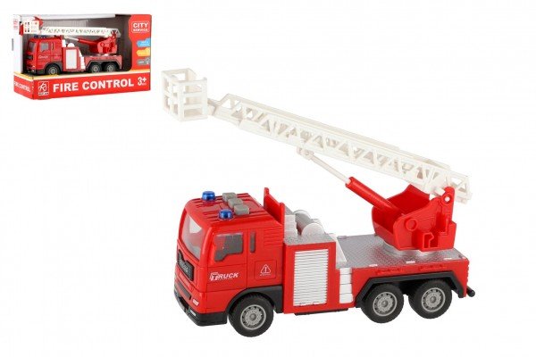 Auto hasiči plast 16cm na setrvačník na baterie se světlem se zvukem v krabici 21x13x9cm