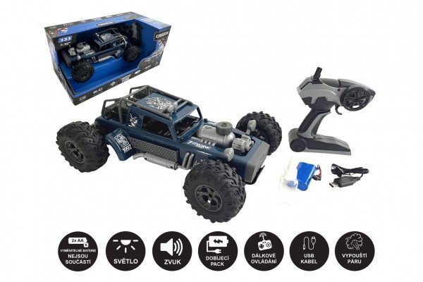 Levně Auto RC buggy vypouštějící páru plast 38cm modré 2,4GHz na bat. + dobíjecí pack v krabici 55x26x30cm