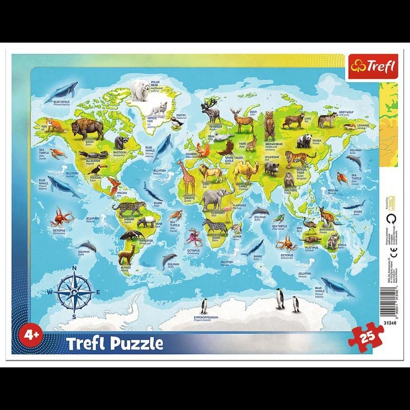 Levně Trefl Puzzle Mapa světa se zvířátky / 25 dílků