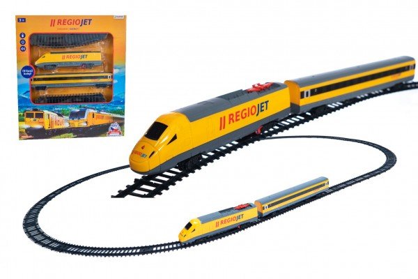 Levně Vlak žlutý RegioJet s kolejnicemi 18ks plast se zvukem a světlem v krabici 38x43x6cm