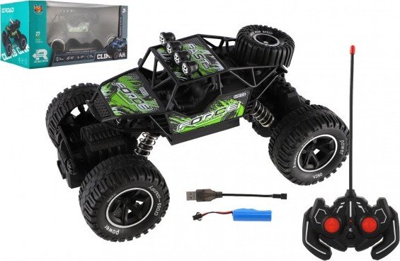 Levně Auto RC Off-Road vypouštějící páru plast 26cm 27MHz dobíjecí pack+baterie se světlem zelené v krab.