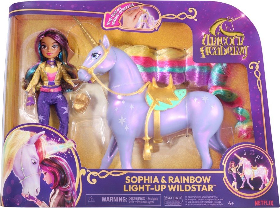 Levně Unicorn academy světelný jednorožec Wildstar 28 cm s panenkou Sophií 24 cm - Spin Master