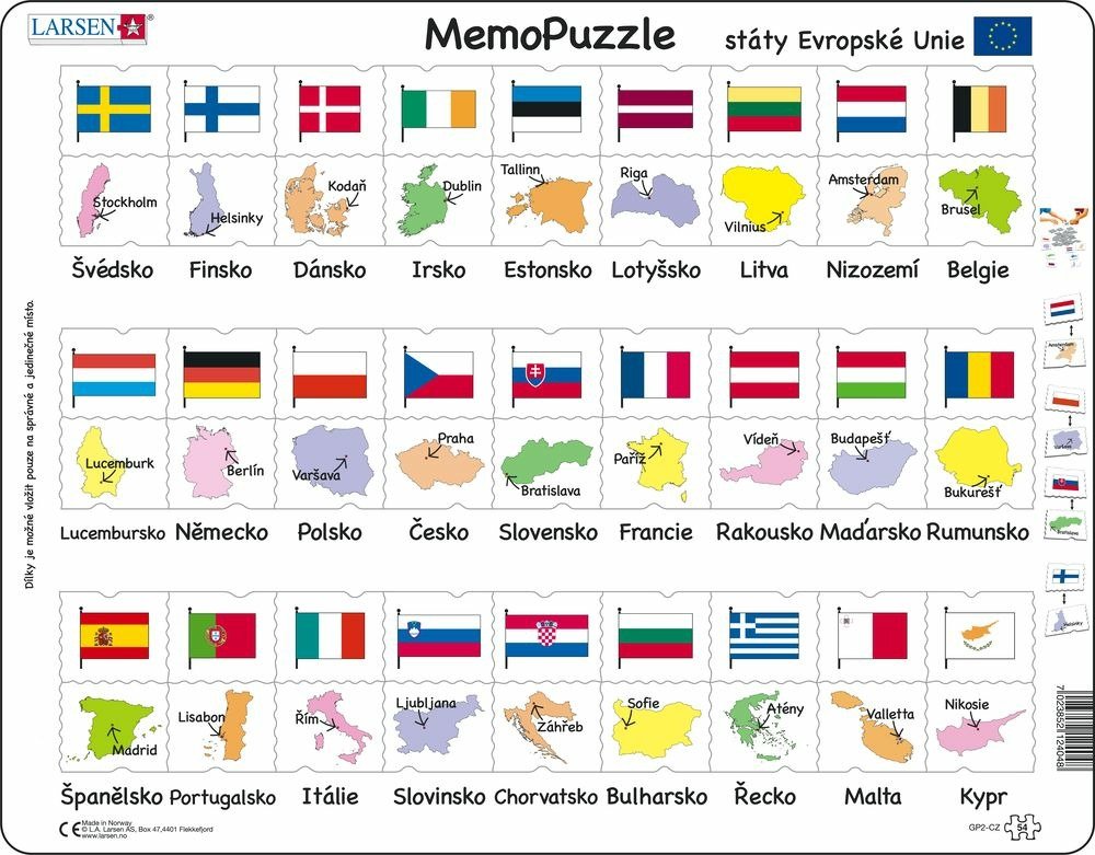 Levně Puzzle MAXI - Memo státy, hlavní města, vlajky/54 dílků - Kohoutová tetování