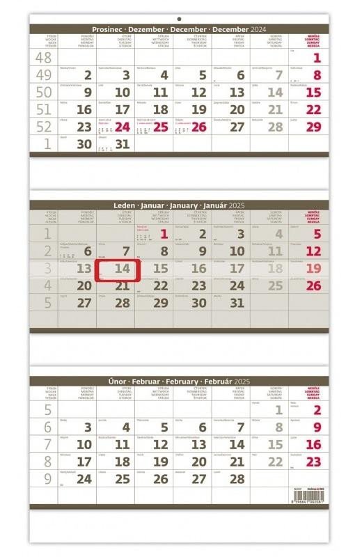 Levně Kalendář nástěnný 2025 - Tříměsíční skládaný šedý