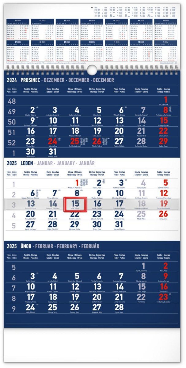 Levně Kalendář 2025 nástěnný: 3měsíční standard modrý - s ročním přehledem, 29,5 × 43 cm