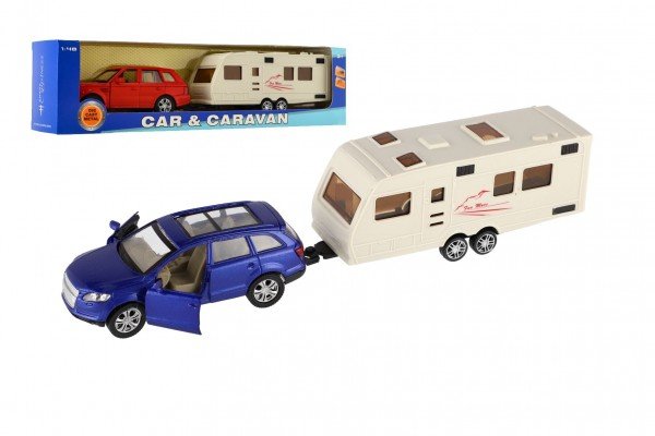 Levně Auto s karavanem kov/plast 29cm na zpětné natažení 2 barvy v krabičce 32x8x6cm