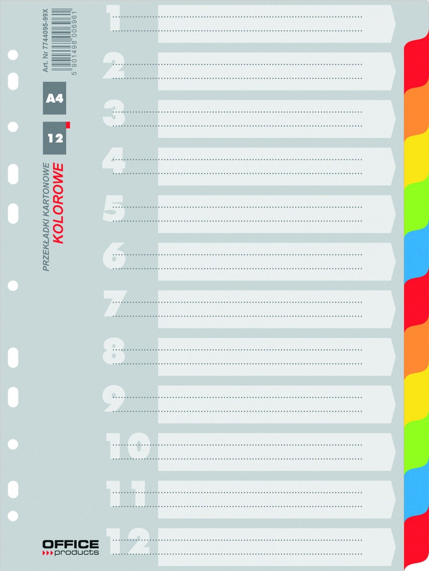 Levně Office Products rozlišovač číselný 1-12, A4, karton, 12 listů, mix barev