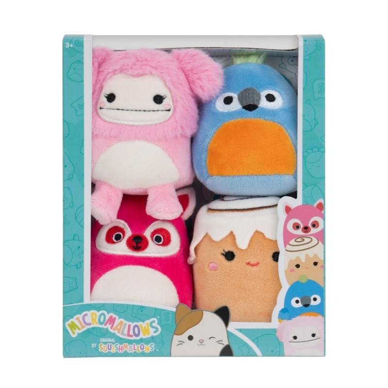 Levně Squishmallows Micromallows 4-Pack Mýval, Bigfoot, Ara, Skořicová rolka 6 cm