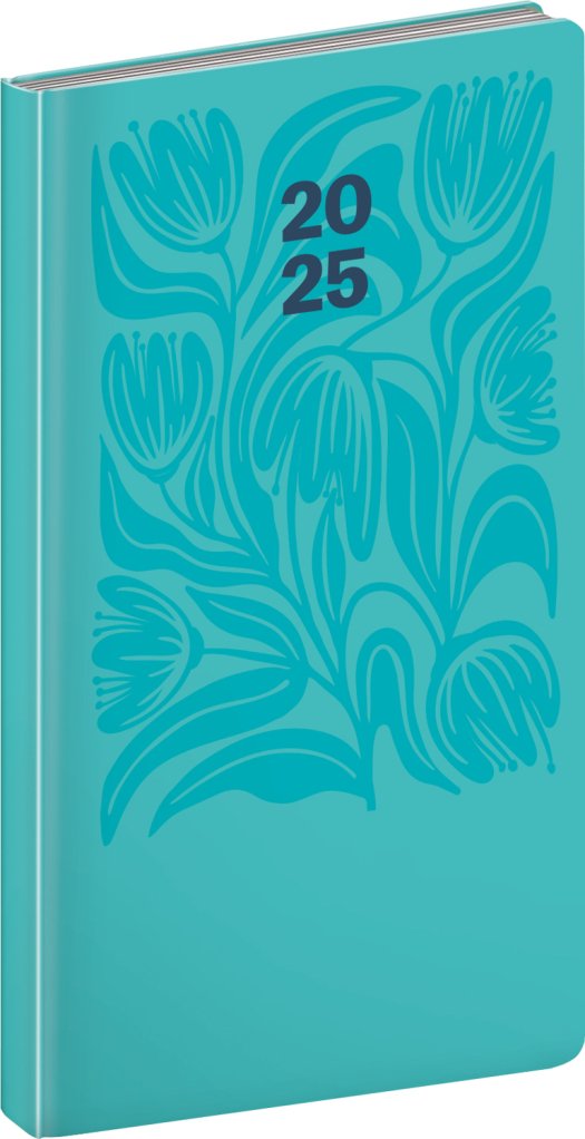 Diář 2025: Cambio - tyrkysové květiny, kapesní, 9 × 15,5 cm