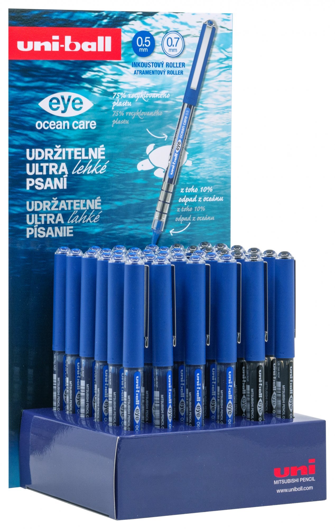 Levně UNI displej Eye OCEAN CARE 36 ks (0,7 mm), papírový, plný, otevřený, náplň: 24 x modrá, 12 x černá - 0,7 mm, Š 14 V 21 H 6 cm