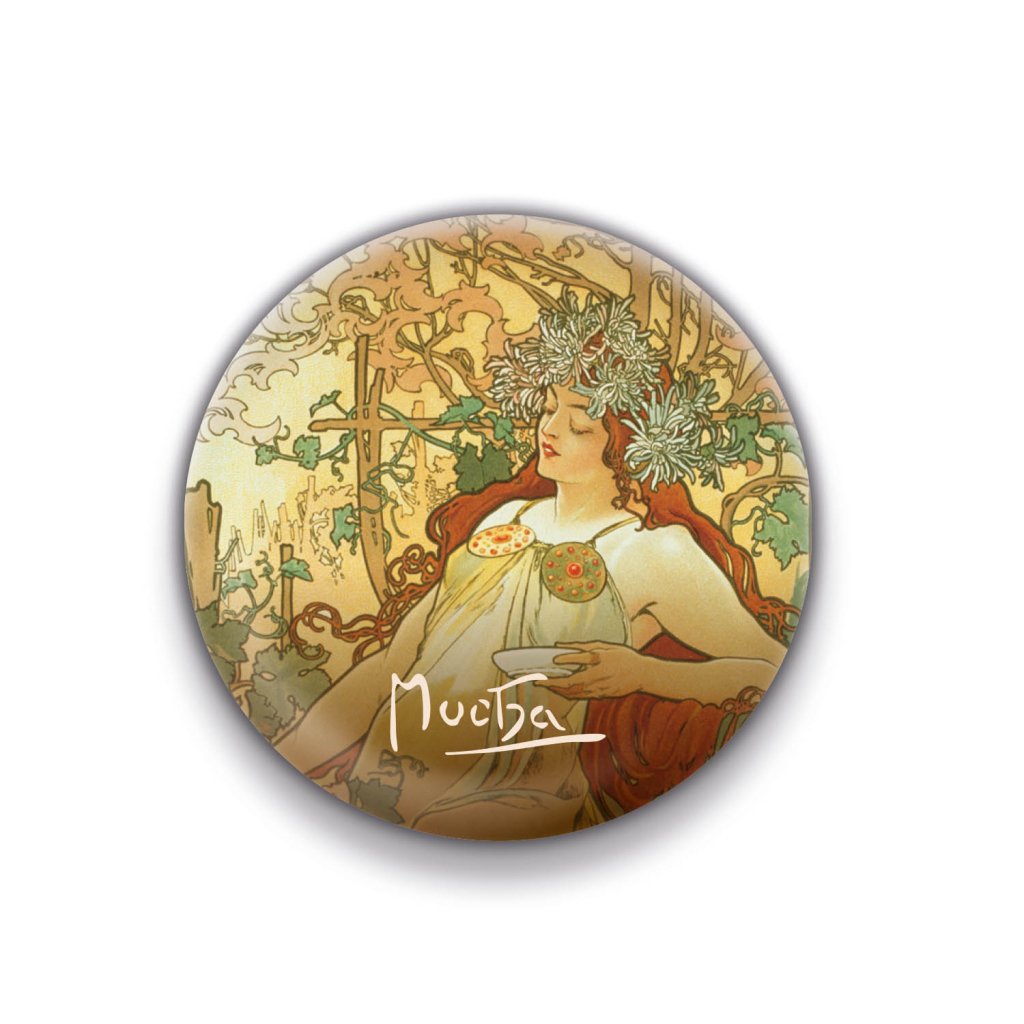 Levně Magnet Alfons Mucha – Podzim, kulatý, 5 cm