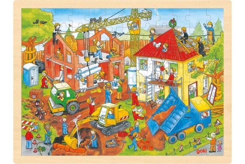 Levně Goki Puzzle Na staveništi 96 dílků - dřevěné
