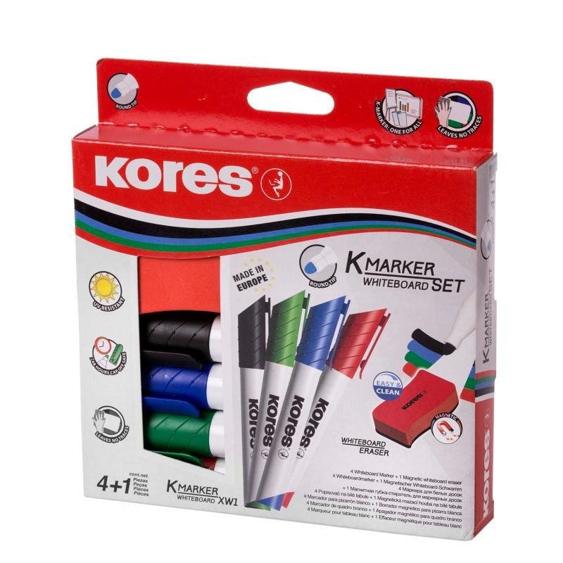 Levně Kores K-MARKER SET 4 ks popisovače na bílé tabule a flipcharty kulatý hrot + stírací magnetická houbička