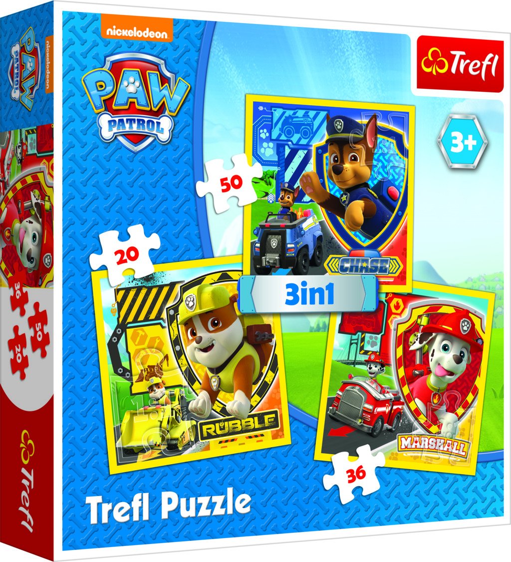 Trefl Puzzle Tlapková patrola - Marshall, Rubble a Chase 3v1 (20,36,50 dílků) - Taf Toys