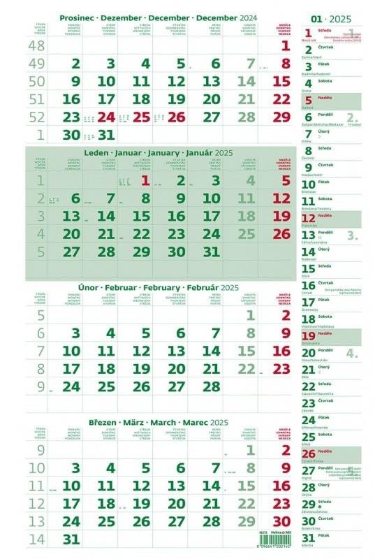 Levně Kalendář nástěnný 2025 - Čtyřměsíční zelený s poznámkami