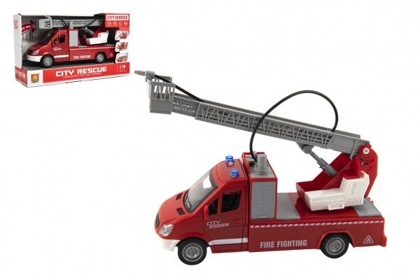 Levně Auto hasiči plast 27cm na setrvačník na baterie se zvukem se světlem v krabici 32x19x12cm