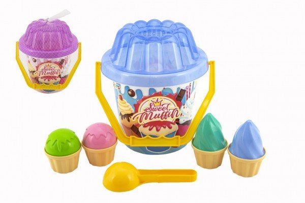 Levně Sada na písek plast kbelík, lopatka, bábovky 2 barvy v síťce 20x21x20cm 12m+