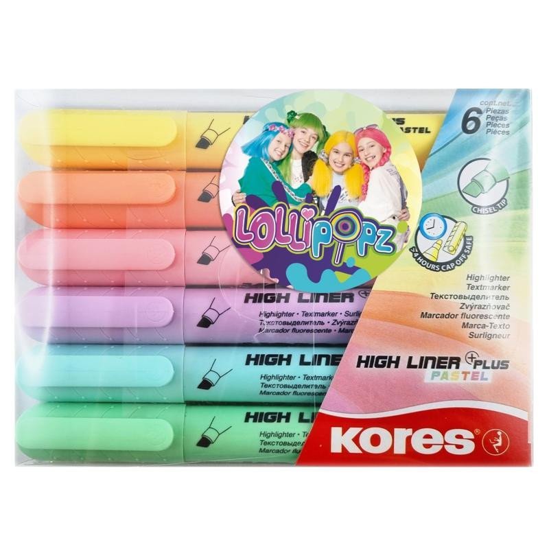 Levně Zvýrazňovače Kores High Liner Plus Pastel LOLLIPOPZ - 6 pastelových barev