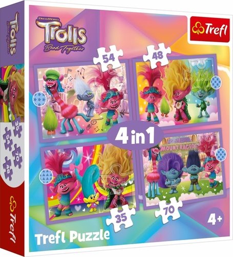 Levně Puzzle Trollové: Barevné dobrodružství 4v1 (35,48,54,70 dílků)