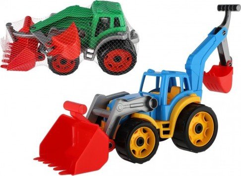 Levně Traktor/nakladač/bagr se 2 lžícemi plast na volný chod 2 barvy v síťce 16x35x16cm