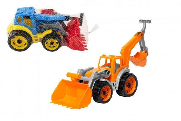 Levně Traktor/nakladač/bagr se 2 lžícemi plast na volný chod 2 barvy v síťce 16x35x16cm