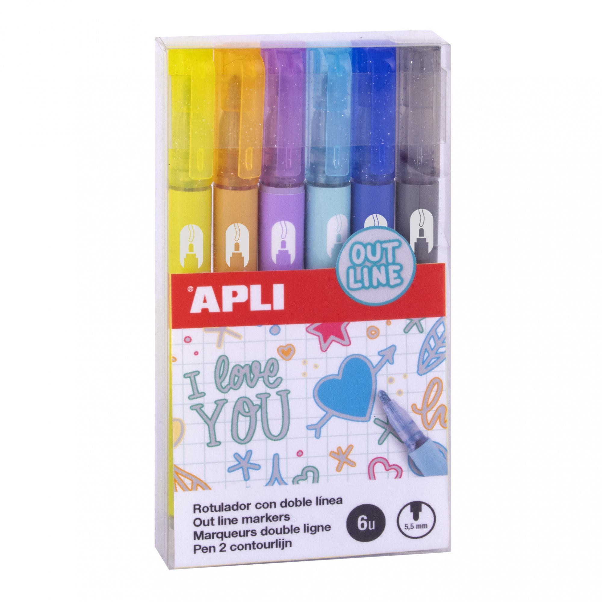 APLI outline popisovač - sada, 6 ks, mix pastelových barev