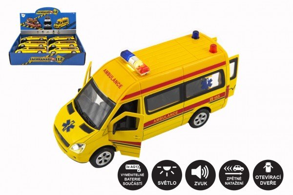 Auto Ambulance 15cm kovové s plastovými doplňky na baterie se světlem se zvukem na zpětné natažení
