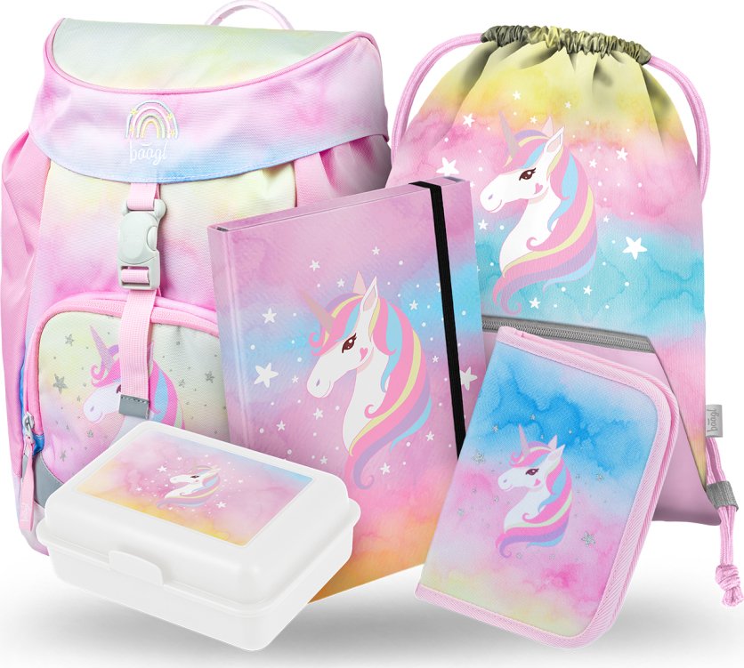 Levně BAAGL 5 SET Airy Rainbow Unicorn: batoh, penál, sáček, box, desky