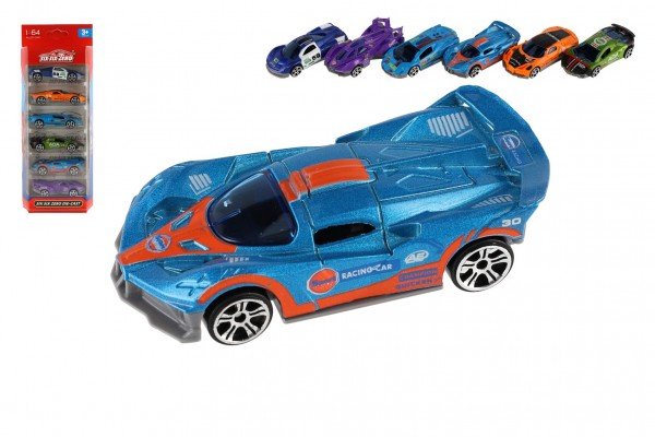 Levně Auto sportovní 6ks kov/plast 8cm na volný chod v krabičce 10,5x27,5x4cm