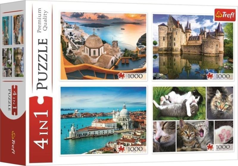 Levně Puzzle Santorini, Benátky, Zámek Sully-sur-Loire a Kočky 4x1000 dílků