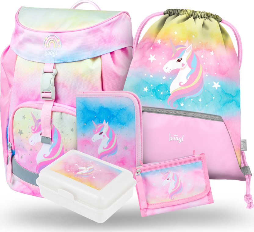 Levně BAAGL 5 SET Airy Rainbow Unicorn: batoh, penál, sáček, peněženka, box