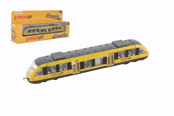 Levně Vlak žlutý RegioJet kov/plast 17cm na volný chod v krabičce 21x9,5x4cm