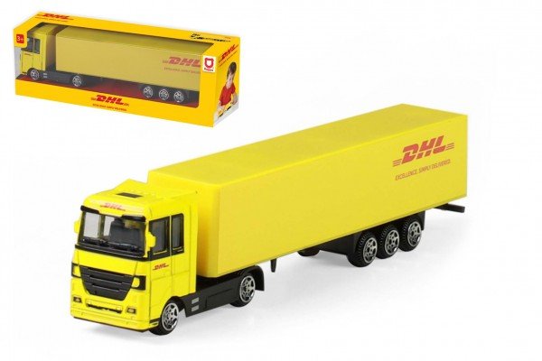 Levně Auto kamion s návěsem DHL plast 19cm na volný chod v krabičce 20x6x4cm