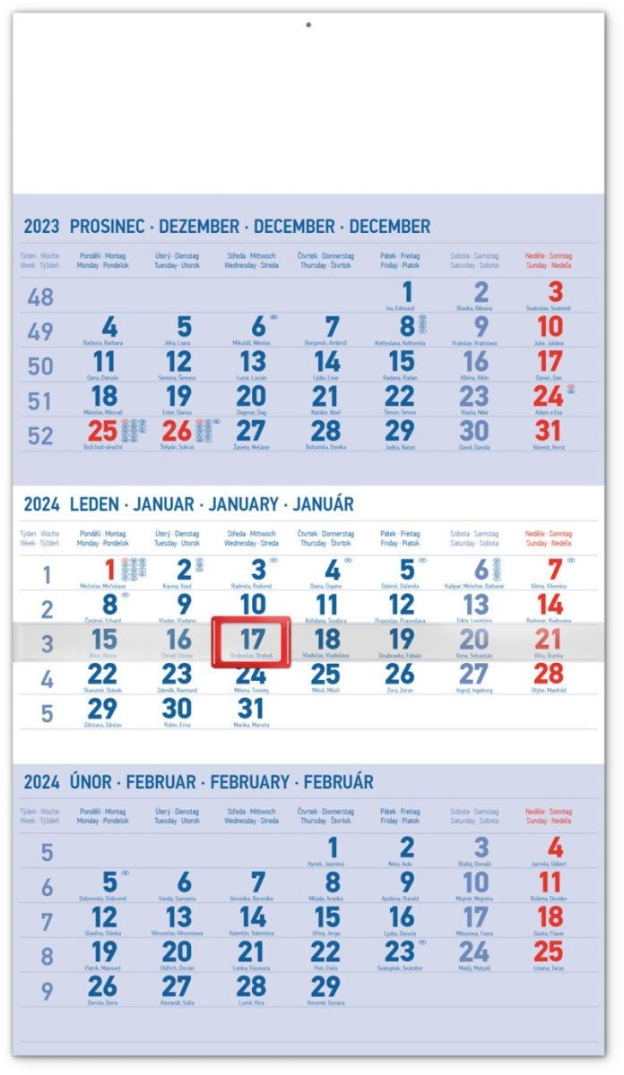 Levně Kalendář 2024 nástěnný: 3měsíční standard modrý - s českými jmény, 29,5 × 43 cm