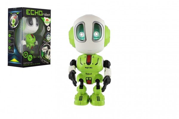 Levně Robot ECHO opakující věty kovový 12cm zelený na baterie se zvukem, světlem v krabičce 10,5x15x5,5cm