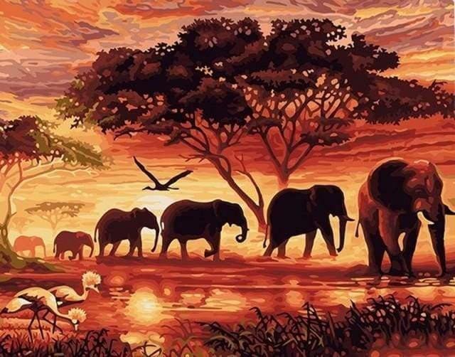Levně Malování podle čísel - Sloni v západu slunce 40 x 50 cm (s rámem)