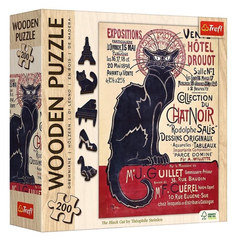 Levně Dřevěné puzzle Art: Steinlen - Černá kočka, Le Chat Noir 200 dílků