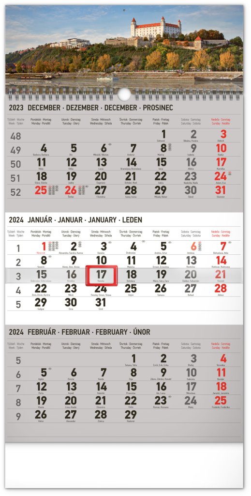 Levně Nástenný kalendár 3-mesačný Bratislava šedý – so slovenskými menami 2024, 29,5 × 43 cm