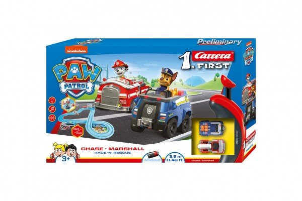 Levně Autodráha Carrera First Paw Patrol/Tlapková Patrola 3,5m plast +2 auta na bat. v krabici 50x30x8cm