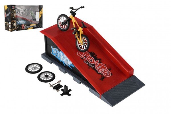 Levně Skatepark - kolo prstové šroubovací s rampou plast 10cm s doplňky 3 barvy v krabici 28x18x11cm