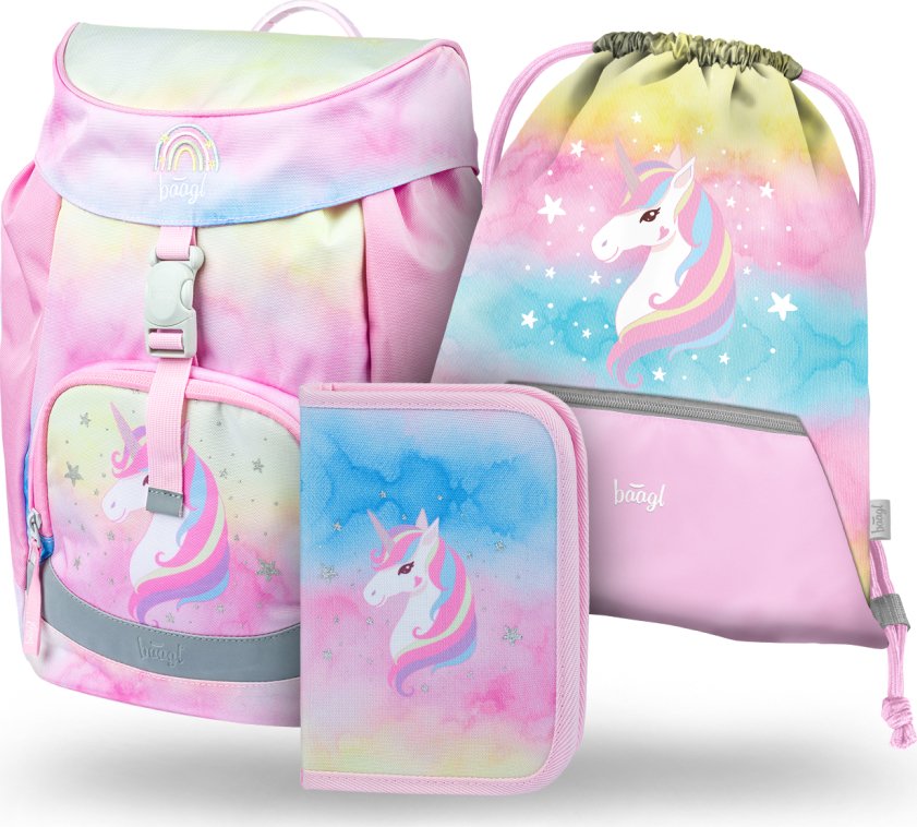 Levně BAAGL Set 3 ks Airy - Rainbow Unicorn (aktovka, penál, sáček)