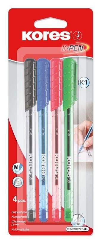 Levně Kores Kuličkové pero K1 Pen Super Slide 1 mm - sada 4 barev (modrá, černá, červená, zelená)