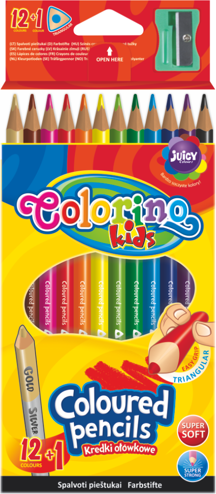 Levně Colorino pastelky trojhranné, s ořezávátkem, 12 barev + oboustr. stříbrná/zlatá